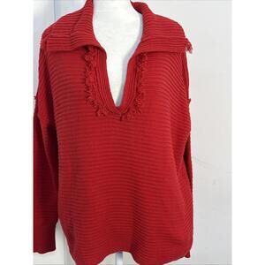 Habit Red Boho Ribbed Knit Fringe‎ Sweater V-neck Chunky Boxy Warm Sexy